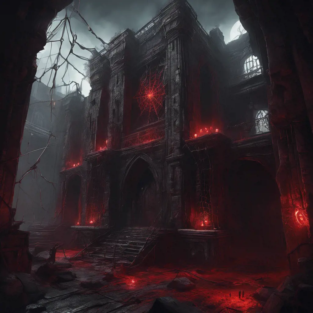 Detailed illustration of dark dungeon, dystopian texture architecture, blood walls, spiders, and cobwebs, 8k, Hyper Detailed, Trending on Artstation, Epic, Deviantart, Beautifully Lit by Greg Rutkowski