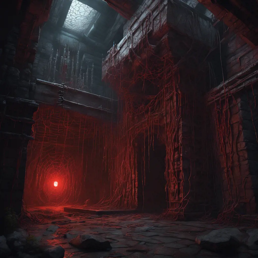 Detailed illustration of dark dungeon, dystopian texture architecture, blood walls, spiders, and cobwebs, 8k, Hyper Detailed, Trending on Artstation, Epic, Deviantart, Beautifully Lit by Greg Rutkowski
