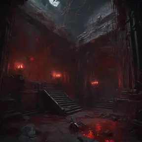 Detailed illustration of dark dungeon, dystopian texture architecture, blood walls, spiders, and cobwebs, 8k, Hyper Detailed, Trending on Artstation, Epic, Deviantart, Beautifully Lit by WLOP
