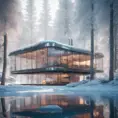 Beautiful futuristic architectural bright glass house in the forest on a giant frozen lake, 8k, Award-Winning, Highly Detailed, Beautiful, Epic, Octane Render, Unreal Engine, Radiant, Volumetric Lighting by Stanley Artgerm Lau