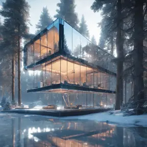 Beautiful futuristic architectural bright glass house in the forest on a giant frozen lake, 8k, Award-Winning, Highly Detailed, Beautiful, Epic, Octane Render, Unreal Engine, Radiant, Volumetric Lighting by WLOP