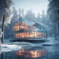 Beautiful futuristic architectural bright glass house in the forest on a giant frozen lake, 8k, Award-Winning, Highly Detailed, Beautiful, Epic, Octane Render, Unreal Engine, Radiant, Volumetric Lighting by Stefan Kostic