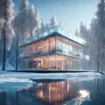 Beautiful futuristic architectural bright glass house in the forest on a giant frozen lake, 8k, Award-Winning, Highly Detailed, Beautiful, Epic, Octane Render, Unreal Engine, Radiant, Volumetric Lighting