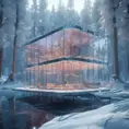 Beautiful futuristic architectural bright glass house in the forest on a giant frozen lake, 8k, Award-Winning, Highly Detailed, Beautiful, Epic, Octane Render, Unreal Engine, Radiant, Volumetric Lighting