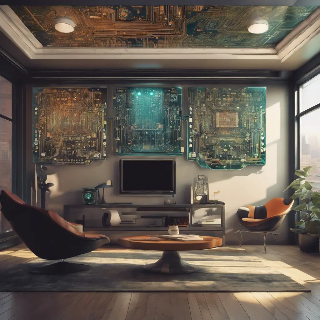 Imagine a modern and technology-inspired living room with a unique twist. The centerpiece of the room is a striking circuit board interior wallpaper that covers one wall. The wallpaper features intricate circuit board diagrams, electronic symbols, and vibrant metallic tones, Vintage Illustration, Retro-Futurism, Sci-Fi by Stanley Artgerm Lau