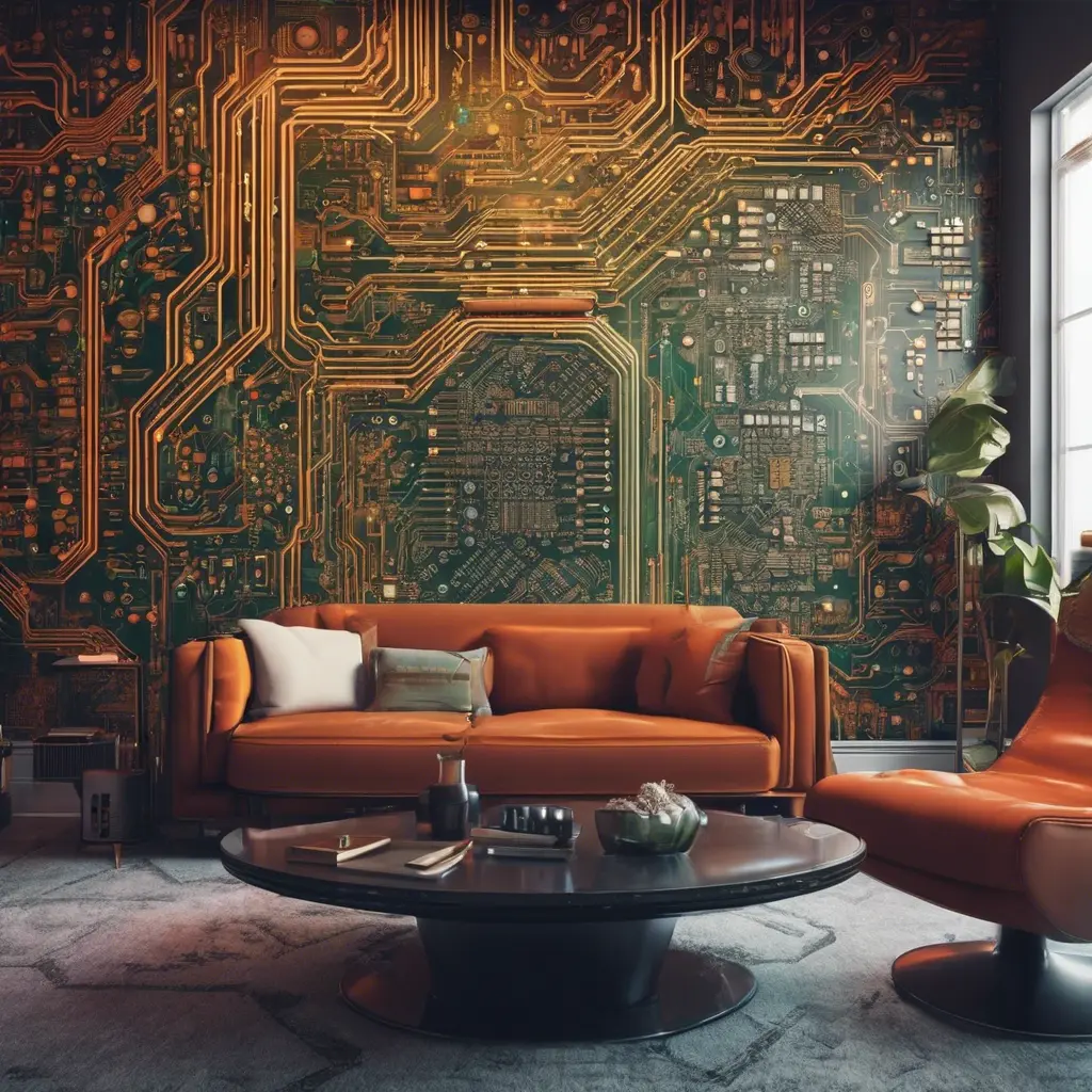 Imagine a modern and technology-inspired living room with a unique twist. The centerpiece of the room is a striking circuit board interior wallpaper that covers one wall. The wallpaper features intricate circuit board diagrams, electronic symbols, and vibrant metallic tones, Vintage Illustration, Retro-Futurism, Sci-Fi