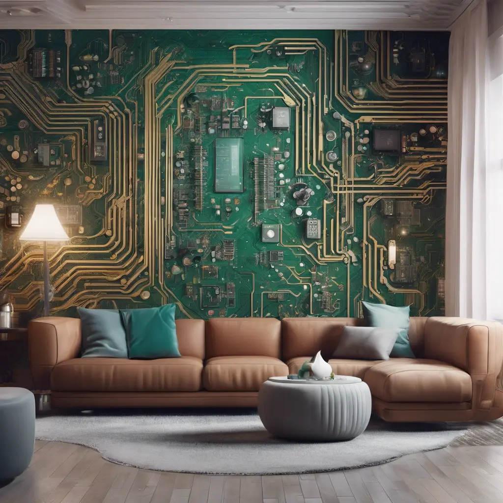 Imagine a modern and technology-inspired living room with a unique twist. The centerpiece of the room is a striking circuit board interior wallpaper that covers one wall. The wallpaper features intricate circuit board diagrams, electronic symbols, and vibrant metallic tones, Vintage Illustration, Retro-Futurism, Sci-Fi by WLOP