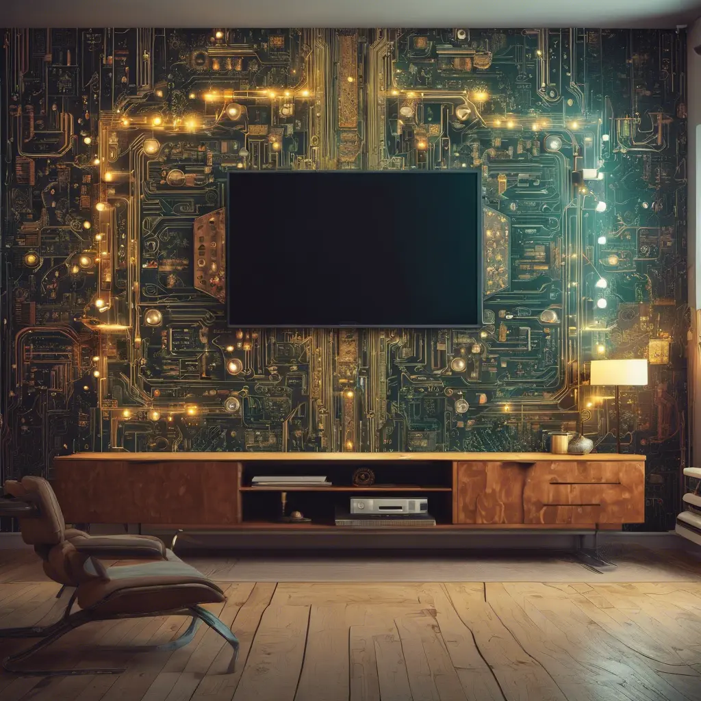 Imagine a modern and technology-inspired living room with a unique twist. The centerpiece of the room is a striking circuit board interior wallpaper that covers one wall. The wallpaper features intricate circuit board diagrams, electronic symbols, and vibrant metallic tones, Vintage Illustration, Retro-Futurism, Sci-Fi by Stefan Kostic