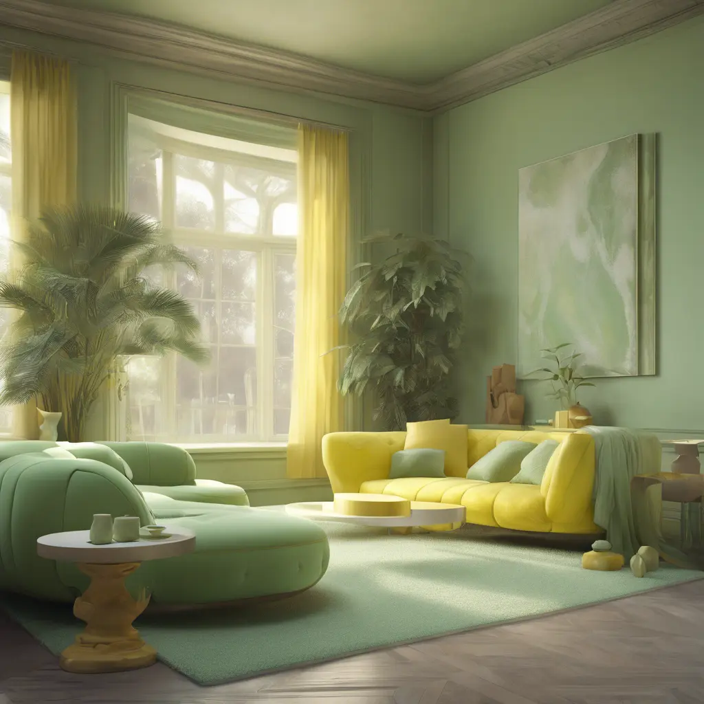 Muted tones of pastel green and yellow interior design, evoking a sense of calmness, endless muse, Digital Art, 3D art, Elegant by Greg Rutkowski