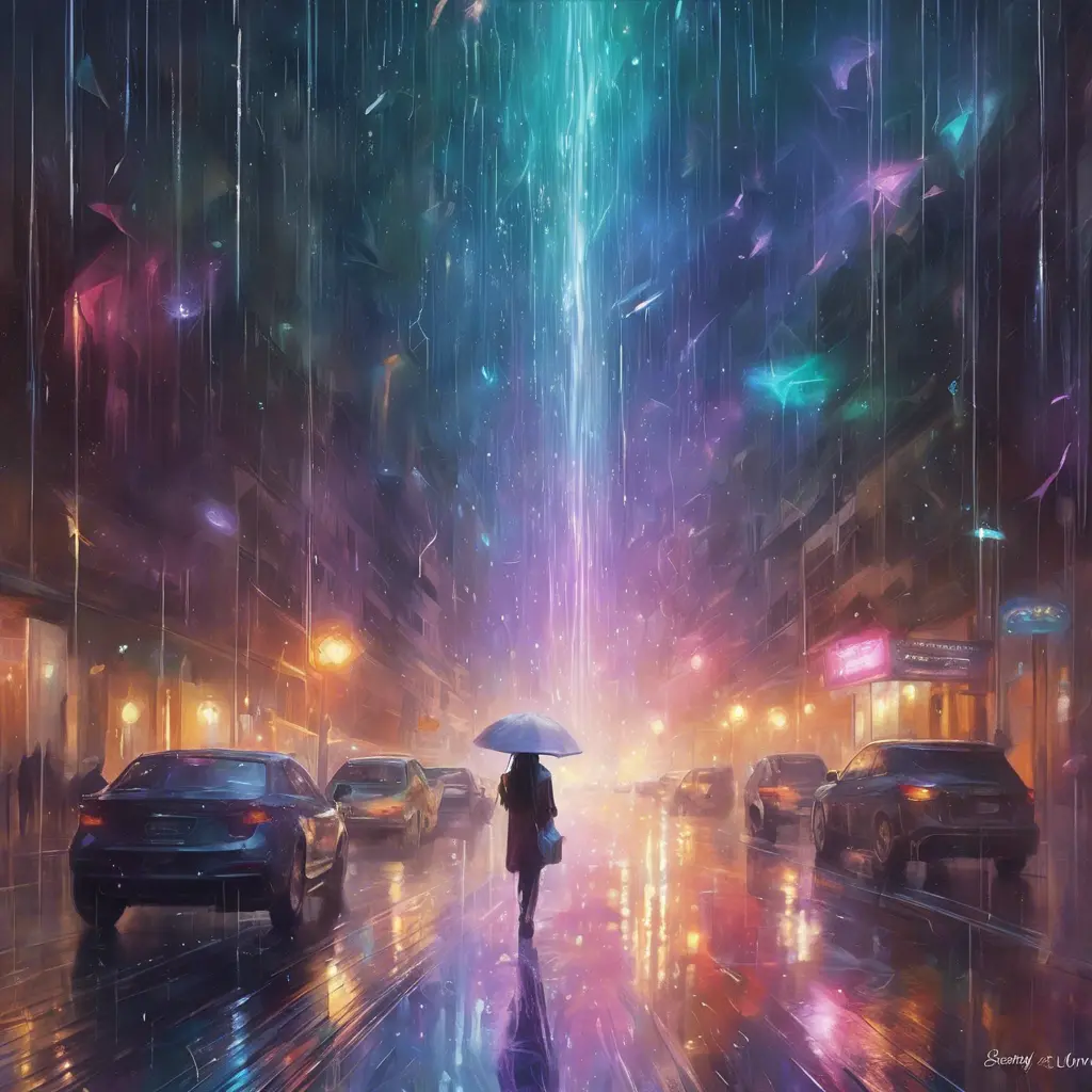 Abstract magical rain, universe, stars, Iridescence, Volumetric Lighting by Stanley Artgerm Lau