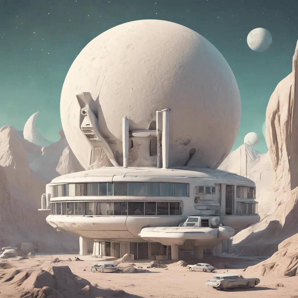 Beautiful award winning 1950s simple flat 3D art of a moon base, pale colors, perfect focus, neutral white background, Epic, Retro-Futurism, Wide-angle lens, Maximalism by Greg Rutkowski