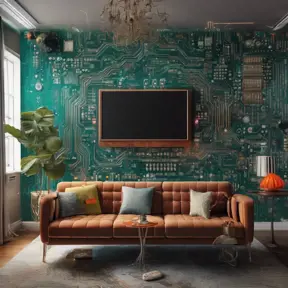 Imagine a modern and technology-inspired living room with a unique twist. The centerpiece of the room is a striking circuit board interior wallpaper that covers one wall. The wallpaper features intricate circuit board diagrams, electronic symbols, and vibrant metallic tones, Vintage Illustration, Retro-Futurism, Sci-Fi