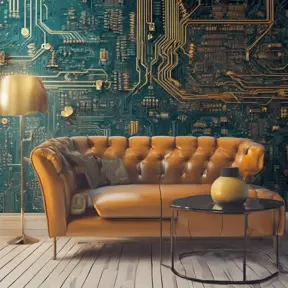 Imagine a modern and technology-inspired living room with a unique twist. The centerpiece of the room is a striking circuit board interior wallpaper that covers one wall. The wallpaper features intricate circuit board diagrams, electronic symbols, and vibrant metallic tones, Vintage Illustration, Retro-Futurism, Sci-Fi