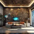 Imagine a modern and technology-inspired living room with a unique twist. The centerpiece of the room is a striking circuit board interior wallpaper that covers one wall. The wallpaper features intricate circuit board diagrams, electronic symbols, and vibrant metallic tones, Vintage Illustration, Retro-Futurism, Sci-Fi by Stanley Artgerm Lau
