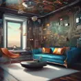 Imagine a modern and technology-inspired living room with a unique twist. The centerpiece of the room is a striking circuit board interior wallpaper that covers one wall. The wallpaper features intricate circuit board diagrams, electronic symbols, and vibrant metallic tones, Vintage Illustration, Retro-Futurism, Sci-Fi by Stanley Artgerm Lau