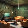 Imagine a modern and technology-inspired living room with a unique twist. The centerpiece of the room is a striking circuit board interior wallpaper that covers one wall. The wallpaper features intricate circuit board diagrams, electronic symbols, and vibrant metallic tones, Vintage Illustration, Retro-Futurism, Sci-Fi by Greg Rutkowski