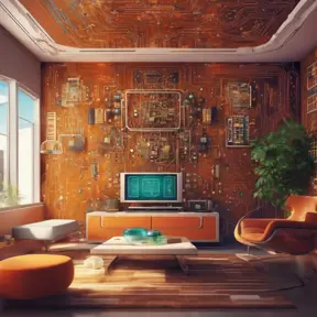 Imagine a modern and technology-inspired living room with a unique twist. The centerpiece of the room is a striking circuit board interior wallpaper that covers one wall. The wallpaper features intricate circuit board diagrams, electronic symbols, and vibrant metallic tones, Vintage Illustration, Retro-Futurism, Sci-Fi by Greg Rutkowski