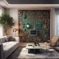 Imagine a modern and technology-inspired living room with a unique twist. The centerpiece of the room is a striking circuit board interior wallpaper that covers one wall. The wallpaper features intricate circuit board diagrams, electronic symbols, and vibrant metallic tones, Vintage Illustration, Retro-Futurism, Sci-Fi by WLOP