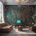 Imagine a modern and technology-inspired living room with a unique twist. The centerpiece of the room is a striking circuit board interior wallpaper that covers one wall. The wallpaper features intricate circuit board diagrams, electronic symbols, and vibrant metallic tones, Vintage Illustration, Retro-Futurism, Sci-Fi by WLOP