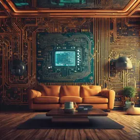 Imagine a modern and technology-inspired living room with a unique twist. The centerpiece of the room is a striking circuit board interior wallpaper that covers one wall. The wallpaper features intricate circuit board diagrams, electronic symbols, and vibrant metallic tones, Vintage Illustration, Retro-Futurism, Sci-Fi by Stefan Kostic