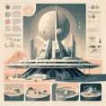 Beautiful award winning 1950s simple flat 3D art editorial infographics of a moon base, pale colors, perfect focus, neutral white background, Epic, Retro-Futurism, Wide-angle lens, Maximalism