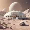Beautiful award winning 1950s simple flat 3D art of a moon base, pale colors, perfect focus, neutral white background, Epic, Retro-Futurism, Wide-angle lens, Maximalism by WLOP
