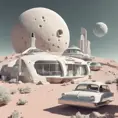 Beautiful award winning 1950s simple flat 3D art of a moon base, pale colors, perfect focus, neutral white background, Epic, Retro-Futurism, Wide-angle lens, Maximalism by Stefan Kostic