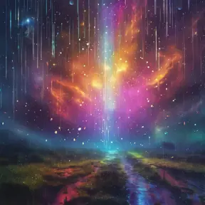 Abstract magical rain, universe, stars, Iridescence, Volumetric Lighting by Greg Rutkowski