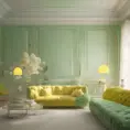 Muted tones of pastel green and yellow interior design, evoking a sense of calmness, endless muse, Digital Art, 3D art, Elegant by Greg Rutkowski