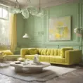 Muted tones of pastel green and yellow interior design, evoking a sense of calmness, endless muse, Digital Art, 3D art, Elegant by Greg Rutkowski