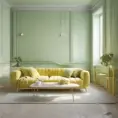 Muted tones of pastel green and yellow interior design, evoking a sense of calmness, endless muse, Minimalism, Digital Art, 3D art, Elegant by Stefan Kostic