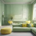 Muted tones of pastel green and yellow interior design, evoking a sense of calmness, endless muse, Minimalism, Digital Art, 3D art, Elegant by Stefan Kostic