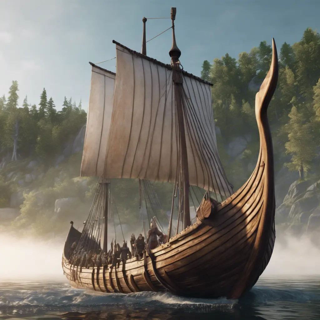 Valhalla viking ship, entering a viking village from the water, 4k, Ultra Detailed, Photo Realistic, Ray Tracing