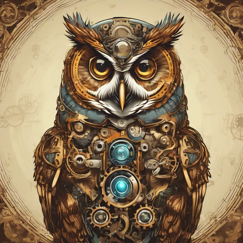 Steampunk portrait of an owl, clean vector, colorful illustration, inspired by future technology, Highly Detailed, Vintage Illustration, Steampunk, Smooth, Vector Art, Colorful