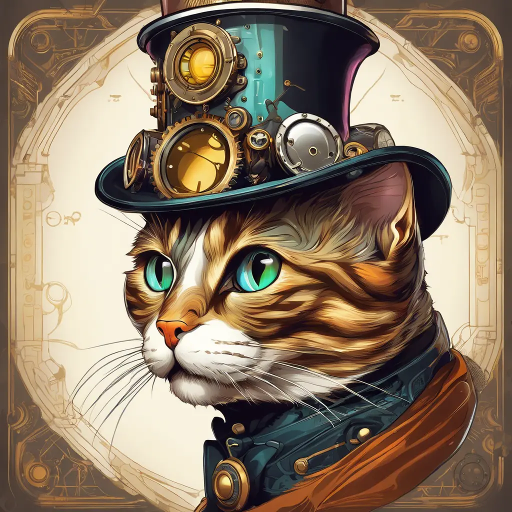 Steampunk portrait of a cat, clean vector, colorful illustration, inspired by future technology, Highly Detailed, Vintage Illustration, Steampunk, Smooth, Vector Art, Colorful by Stanley Artgerm Lau