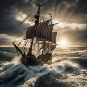 Pirate viking ship sailing north east in rough seas, Wide Angle, Crepuscular Rays