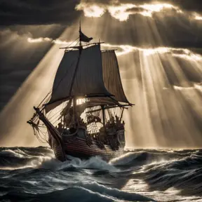 Pirate viking ship sailing north east in rough seas, Wide Angle, Crepuscular Rays