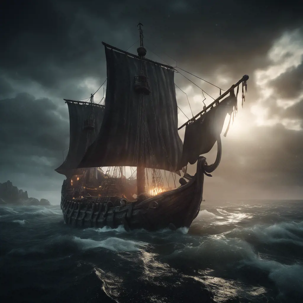 A Viking pirate ship in an epic fantasy scene , Atmospheric, Highly Detailed, Cinematic Lighting, Sharp Focus, Dark