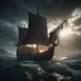 A Viking pirate ship in an epic fantasy scene , Atmospheric, Highly Detailed, Cinematic Lighting, Sharp Focus, Dark