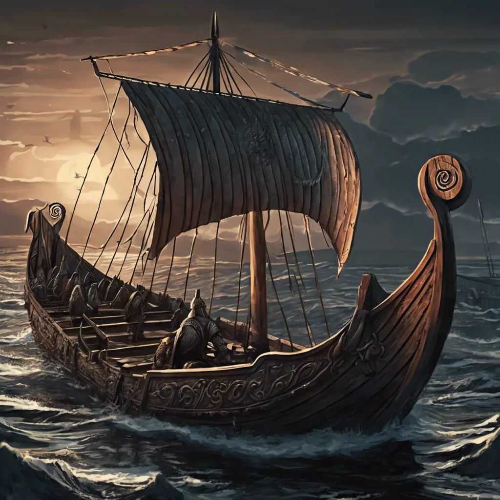 Viking ships in twightligts a lot viking on the deck illustration, Highly Detailed, Sharp Focus, Dark