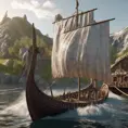 Valhalla viking ship, entering a viking village from the water, 4k, Ultra Detailed, Photo Realistic, Ray Tracing