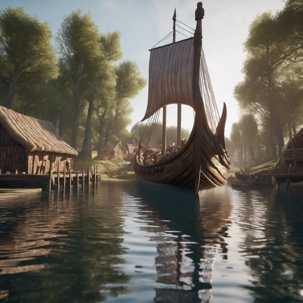 Valhalla viking ship, entering a viking village from the water, 4k, Ultra Detailed, Photo Realistic, Ray Tracing