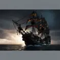 The pirates of Caribbean on the Black pearl pirate ship, 4k, Volumetric Lighting, Dark