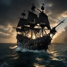 The pirates of Caribbean on the Black pearl pirate ship, 4k, Volumetric Lighting, Dark