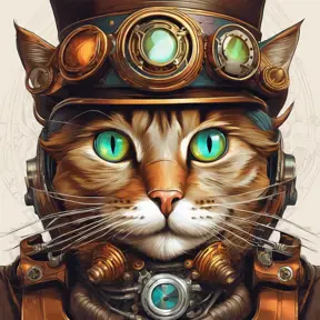 Steampunk portrait of a cat, clean vector, colorful illustration, inspired by future technology, Highly Detailed, Vintage Illustration, Steampunk, Smooth, Vector Art, Colorful by Stanley Artgerm Lau
