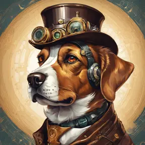 Steampunk portrait of a dog, clean vector, colorful illustration, inspired by future technology, Highly Detailed, Vintage Illustration, Steampunk, Smooth, Vector Art, Colorful by Stanley Artgerm Lau