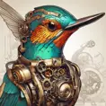 Steampunk portrait of a Humming Bird, clean vector, colorful illustration, inspired by future technology, Highly Detailed, Vintage Illustration, Steampunk, Smooth, Vector Art, Colorful by Stanley Artgerm Lau