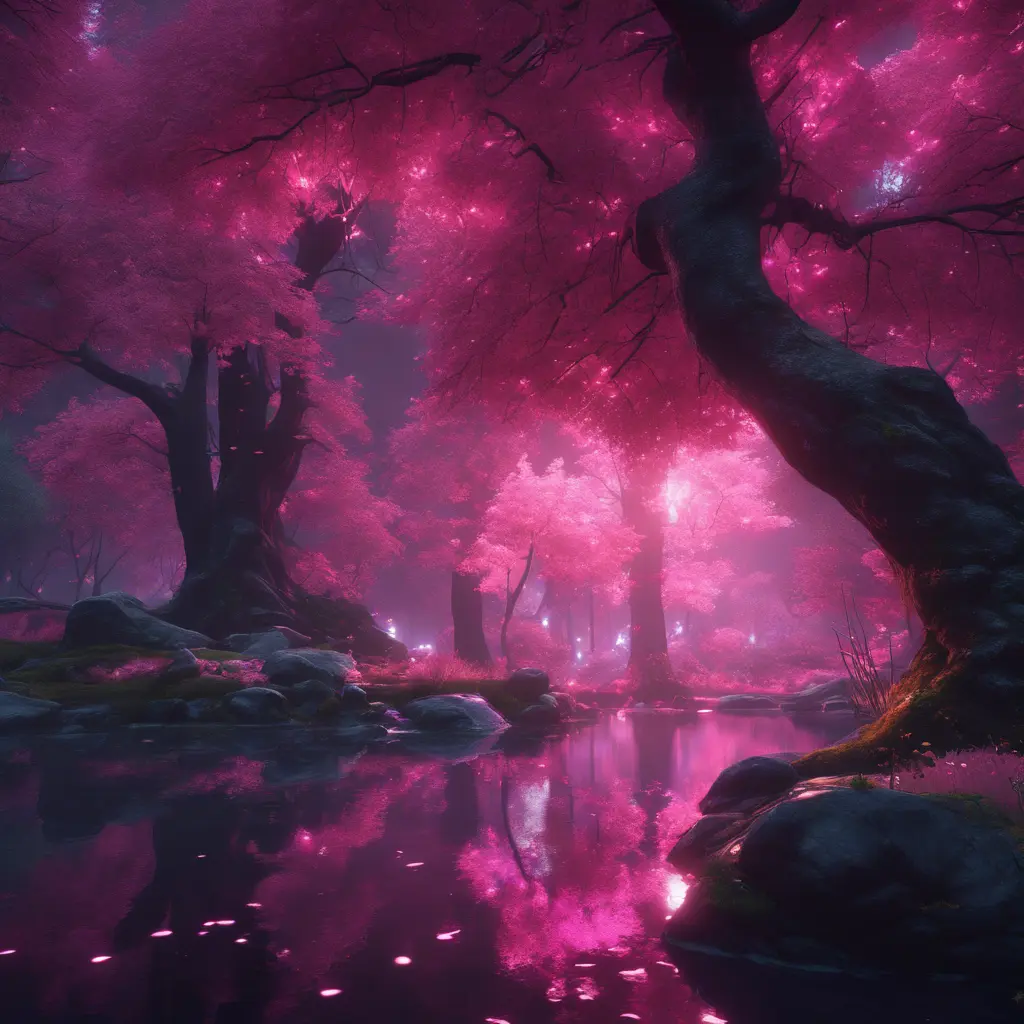 A magical pond in a fantasy forest with glowing pink trees at night, 4k, HQ, Intricate, Masterpiece, Artstation, Cinematic Lighting, Photo Realistic, Sharp Focus, Unreal Engine, Dark by Stefan Kostic