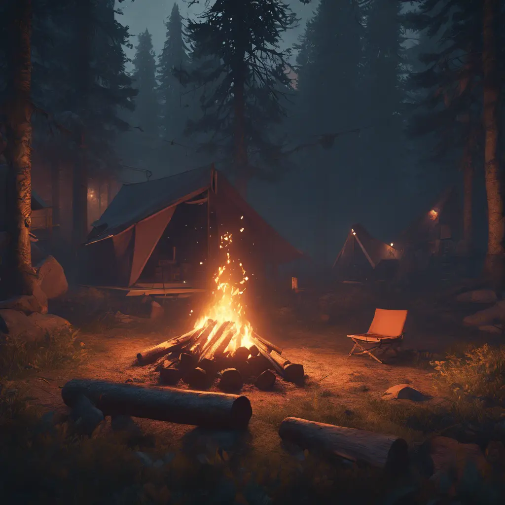 A highly detailed matte painting of a camp fire in the forest at night in the style of Firewatch, 4k resolution, Masterpiece, Trending on Artstation, Cyberpunk, Octane Render, Volumetric Lighting by Stanley Artgerm Lau