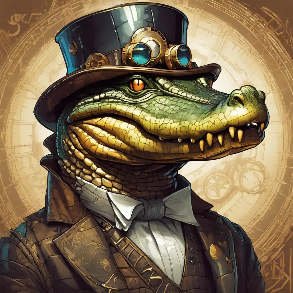 Steampunk portrait of a Crocodile, clean vector, colorful illustration, inspired by future technology, Highly Detailed, Vintage Illustration, Steampunk, Smooth, Vector Art, Colorful by Stanley Artgerm Lau